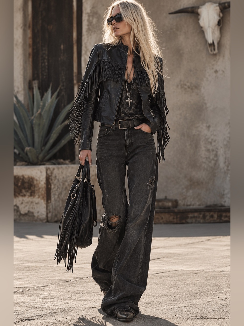 Vintage Black Genuine Leather Fringe Western Motorcycle Jacket